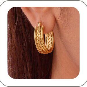 Gold Huggie Hoop Earrings for Women Stylish Hypoallergenic Wheat Texture Open De